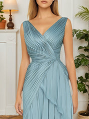 Formal Tiered Layer Dress Blue Sleeveless Pleated V-Neck Maxi Gown