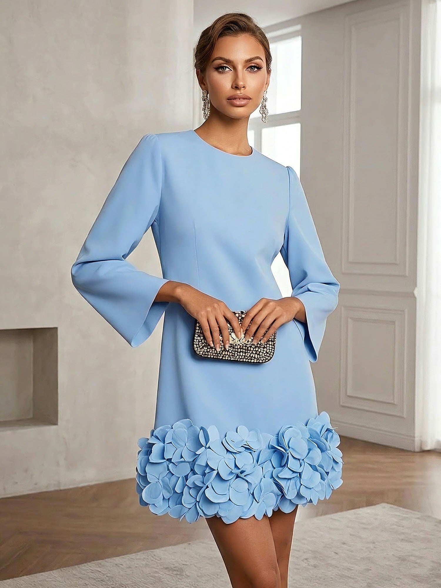 Powder Blue 3D Floral Classic Crew Neck Bell Long Sleeve Shift Mini Dress
