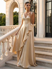 Champagne V Neck Evening Dress with Ruffle A Line Maxi Dress
