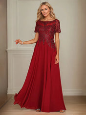 A Line Chiffon Boat Neck Short Sleeves Floor Length Mother of the Bride Dresses