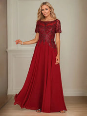 A Line Chiffon Boat Neck Short Sleeves Floor Length Mother of the Bride Dresses