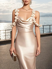 Champagne 3D Floral Satin Cowl Neck Sleeveless Sheath Midi Dress