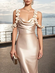 Champagne 3D Floral Satin Cowl Neck Sleeveless Sheath Midi Dress