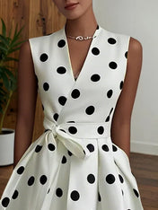 White Polka Dots V Neck Sleeveless A-Line Midi Dress