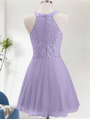 Sparkly A Line Neck Holder Short Homecoming Dress with Lace Applique