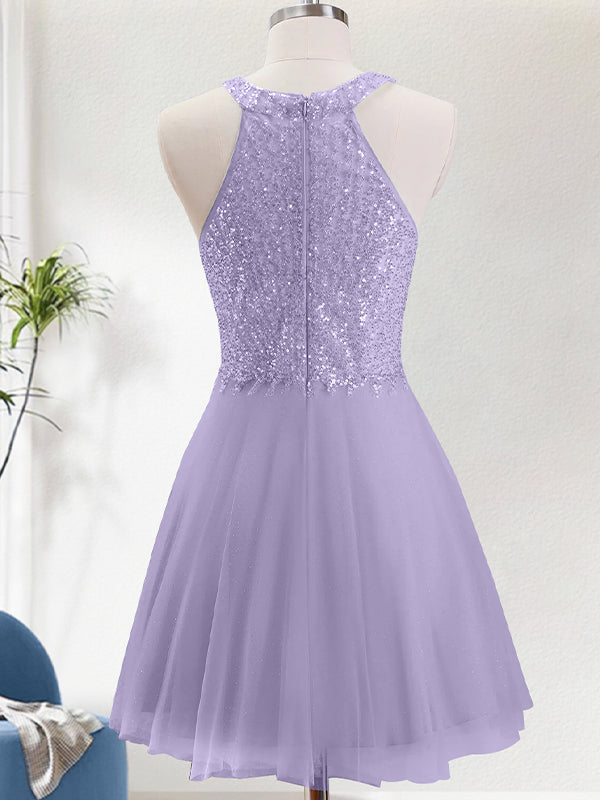 Sparkly Purple A Line Neck Holder Short Homecoming Dress with Lace Applique