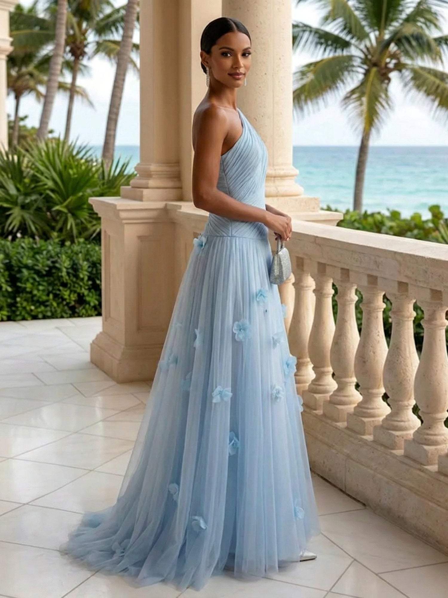 Light Blue Evening Dress with 3D Flower One Shoulder Pleat Maxi Dress