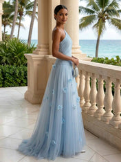 Light Blue Evening Dress with 3D Flower One Shoulder Pleat Maxi Dress