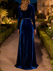 Sparkly Mermaid Royal Blue Long Velvet Holiday Party Dress with Beading