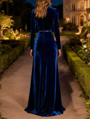 Sparkly Mermaid Royal Blue Long Velvet Holiday Party Dress with Beading