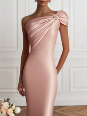 Evening Formal Satin Dress Light Pink One Shoulder Mermaid Maxi Gown