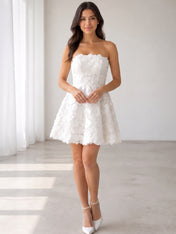 Elegant Strapless White Floral Lace Short Cocktail Wedding Dress