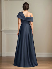 A Line Asymmetrical Floor-Length Satin Mother of the Bride Dress With Pleated