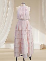 A Line Pink Chiffon Halter Neck Sleeveless Ankle Length Dress With Cascading Ruffles