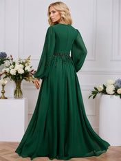 A-line V-Neck Floor-Length Chiffon Evening Dress With Pleated Sequins Beading