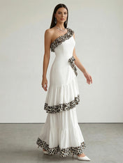 White Leopard Trim One-Shoulder Tiered Ruffle Maxi Dress