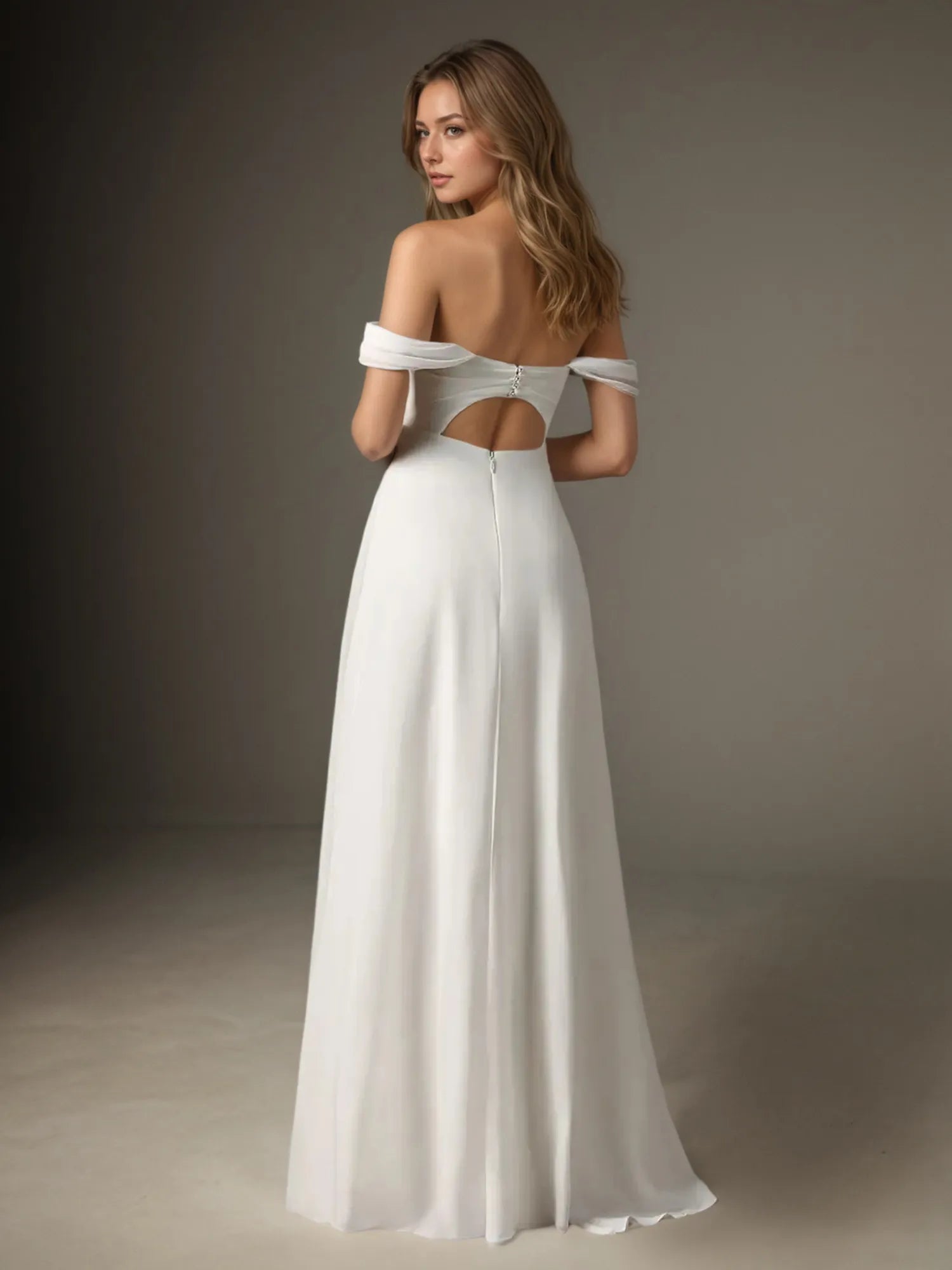 White A-Line Off the Shoulder Stretch Chiffon Wedding Dress