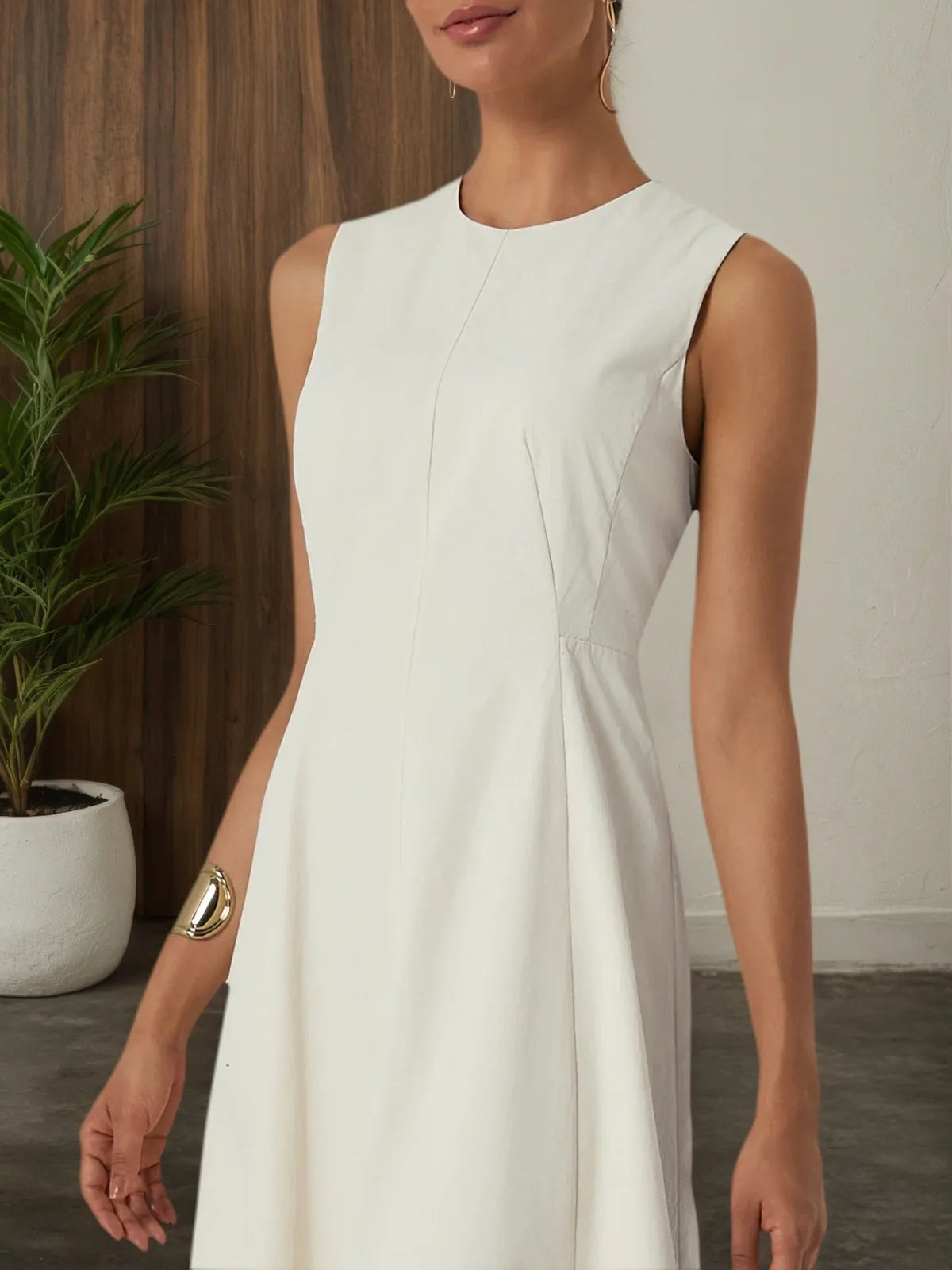 Apricot Lyocell Cotton Crew Neck Sleeveless A-Line Midi Dress