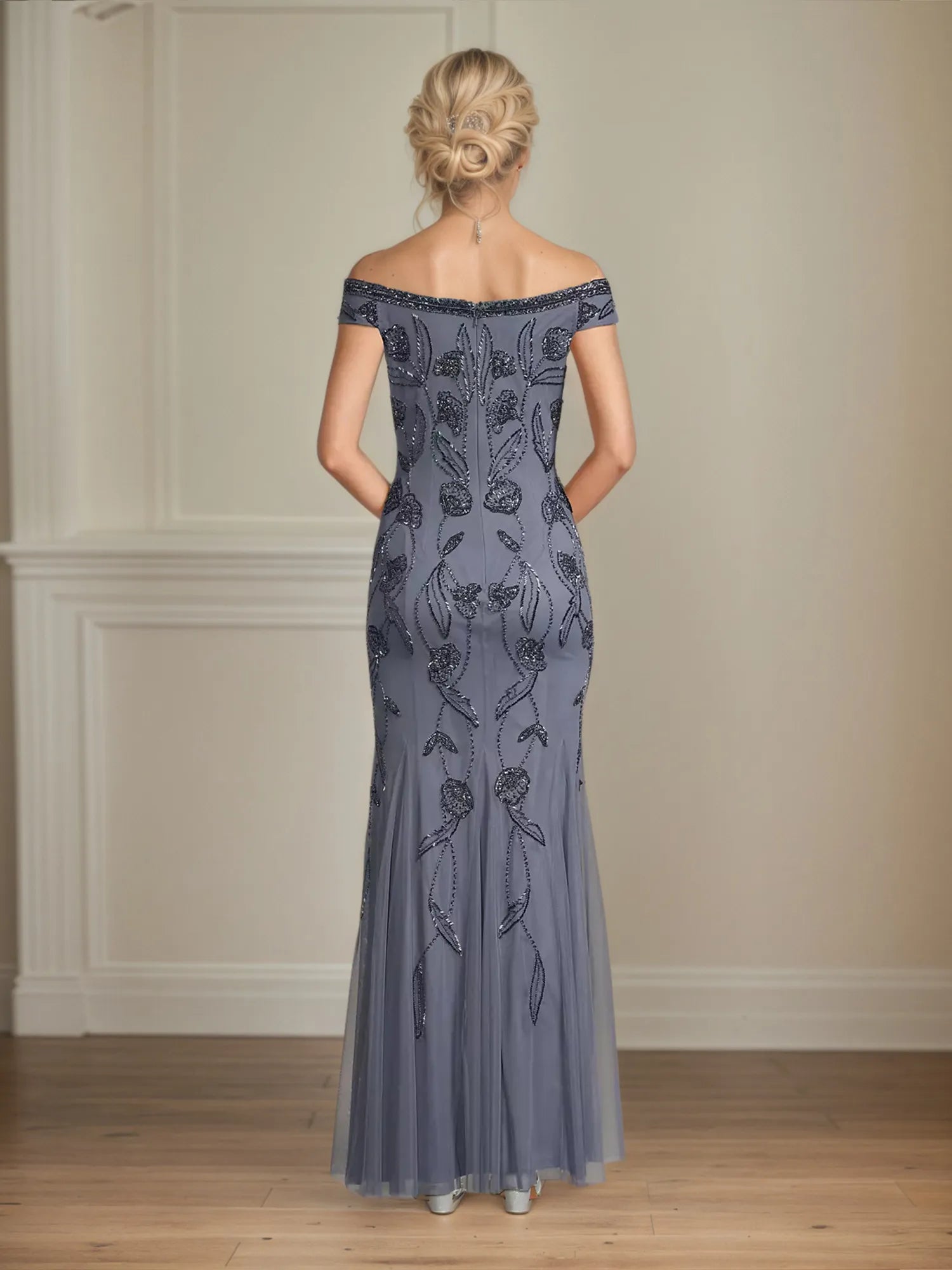 Sheath/Column Off The Shoulder Floor Length Tulle Mother of the Bride Dress With Beading