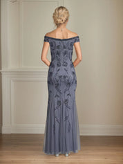 Sheath/Column Off The Shoulder Floor Length Tulle Mother of the Bride Dress With Beading