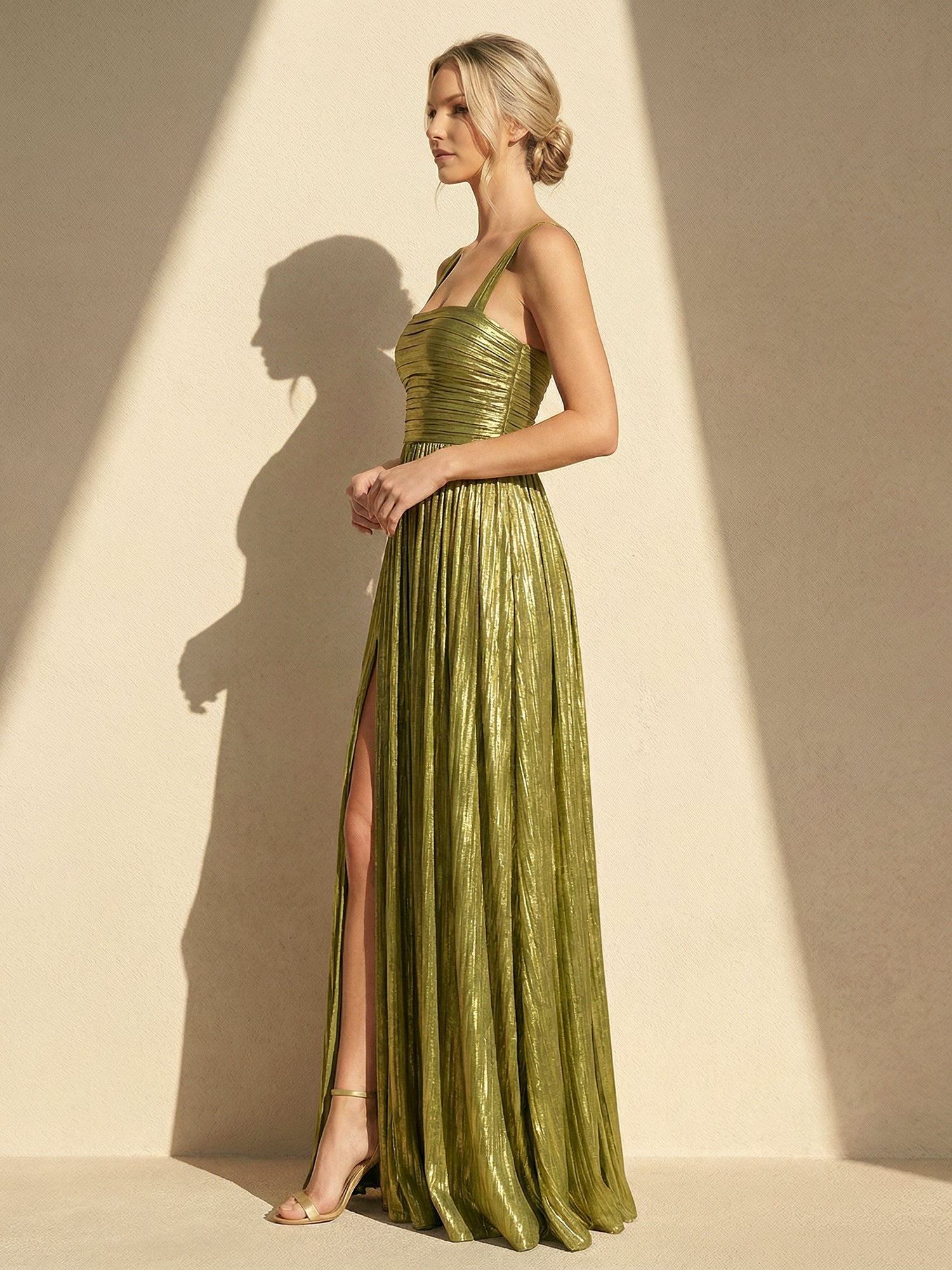 Pleat Maxi Dresses with Slit A Line Regular Straps Formal Dress