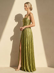 Pleat Maxi Dresses with Slit A Line Regular Straps Formal Dress