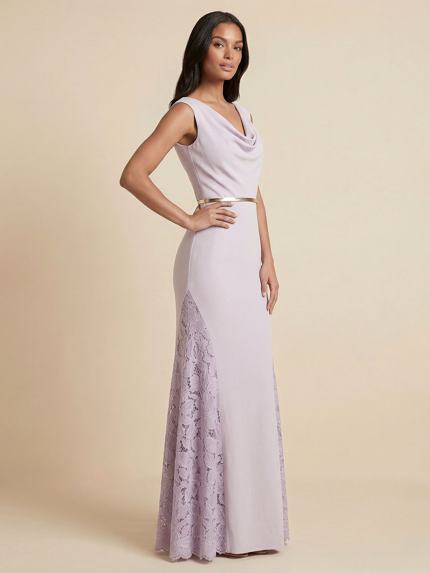 Lilac Sleeveless Cowl Neck Mermaid Gown with Lace Side Slits