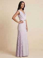 Lilac Sleeveless Cowl Neck Mermaid Gown with Lace Side Slits