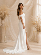 Elegant Off-The-Shoulder Satin Mermaid Wedding Dress with High Slit and Chapel Train