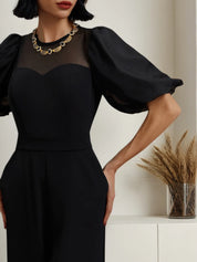 Black Puff Sleeve Regular Fit Crew Neck Jumpsuit