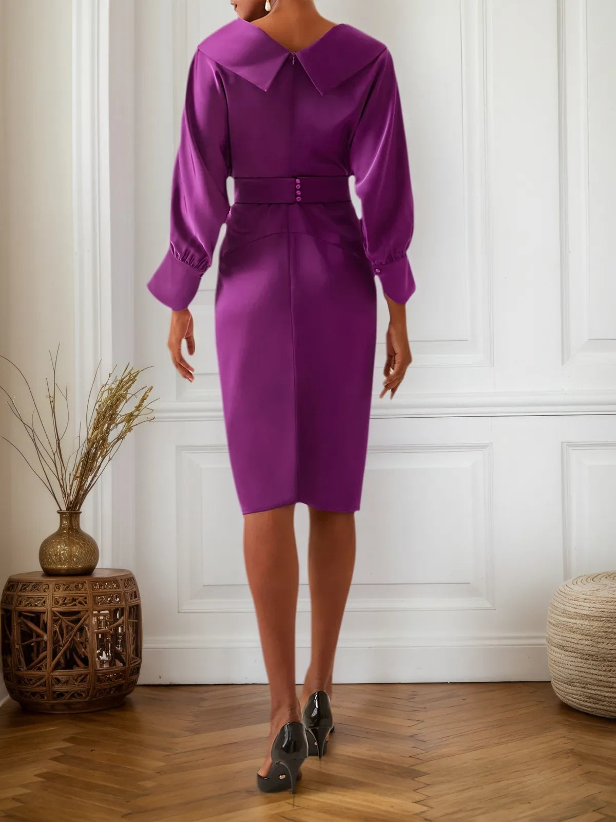 Purple Collared V Neck Long Sleeve Satin Sheath Midi Dress