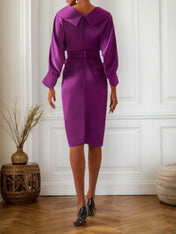 Purple Collared V Neck Long Sleeve Satin Sheath Midi Dress