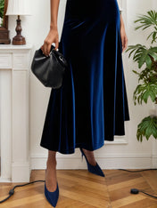 Blue Velvet Mock Neck Sleeveless A-Line Maxi Dress