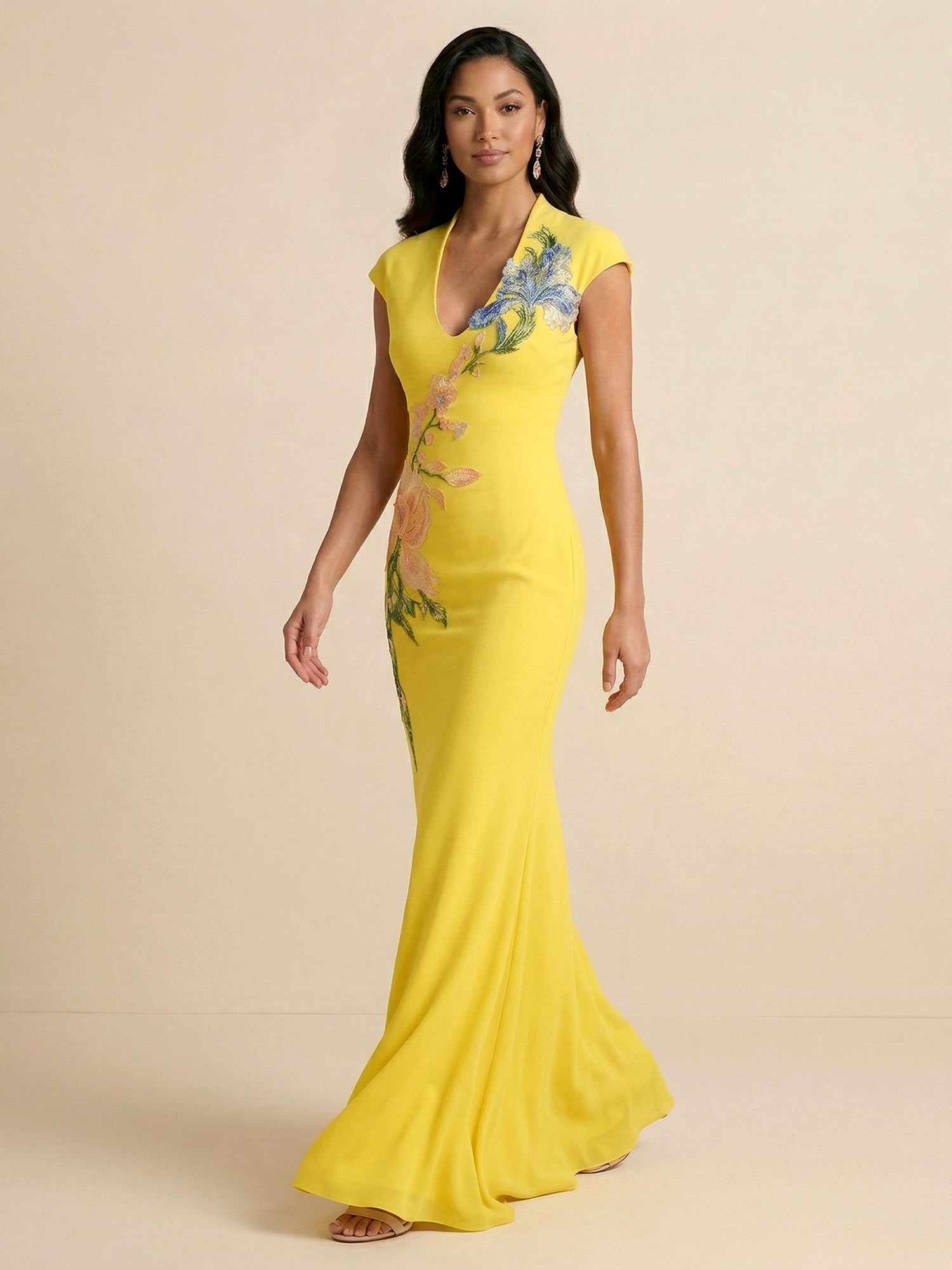 Radiant Canary Yellow Botanical Embroidered Gown Formal Evening Dress