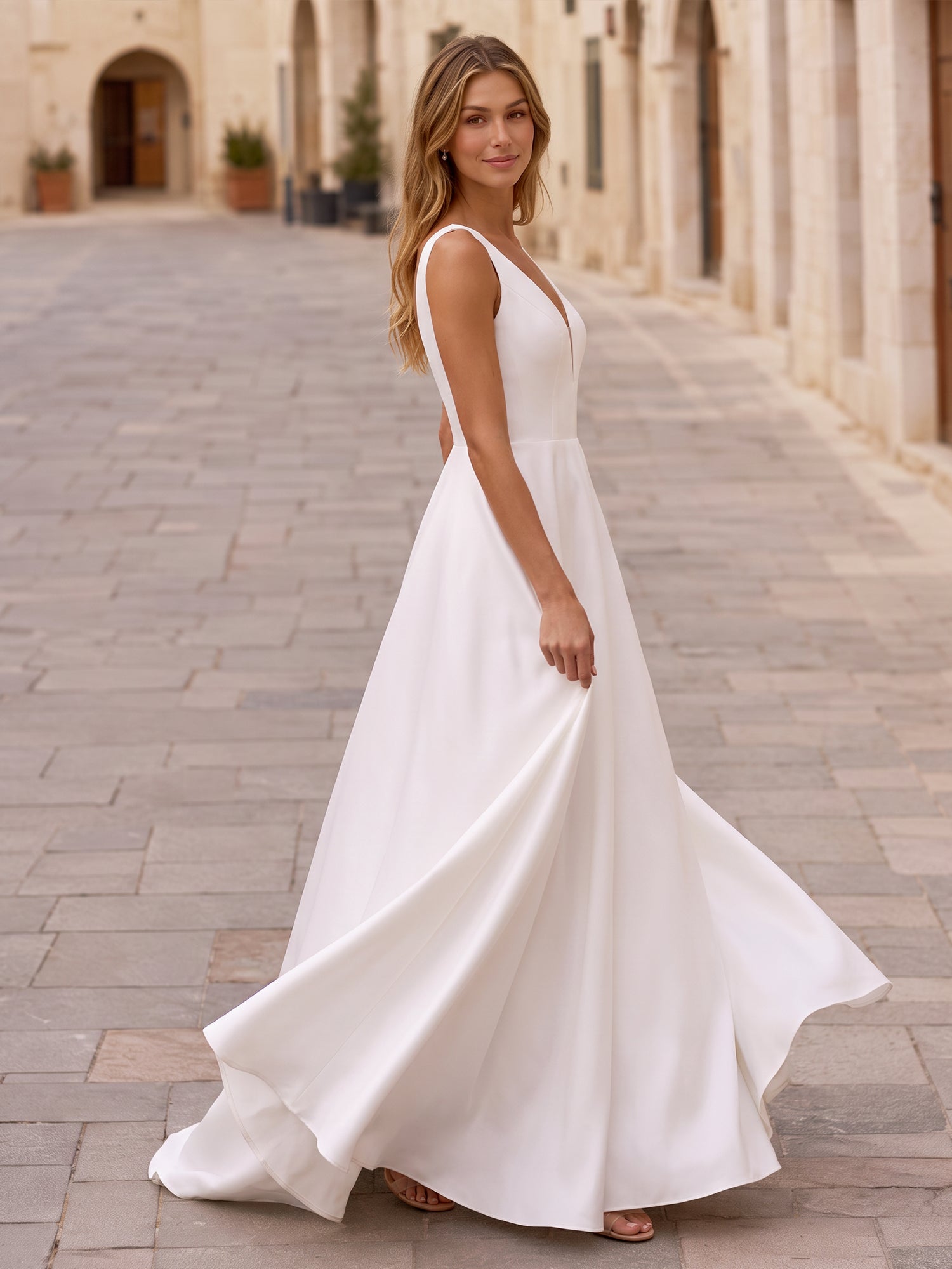 Elegance V-Neck Sleeveless A-Line Satin Wedding Dress