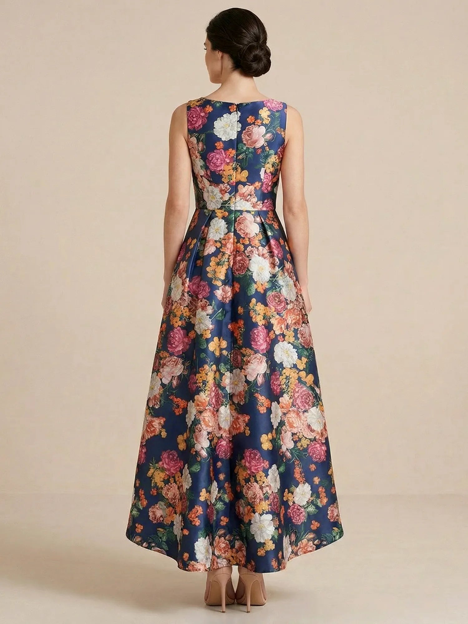 High Low Print Flower Satin A Line Mother of the Bride Dresses