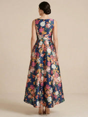 High Low Print Flower Satin A Line Mother of the Bride Dresses