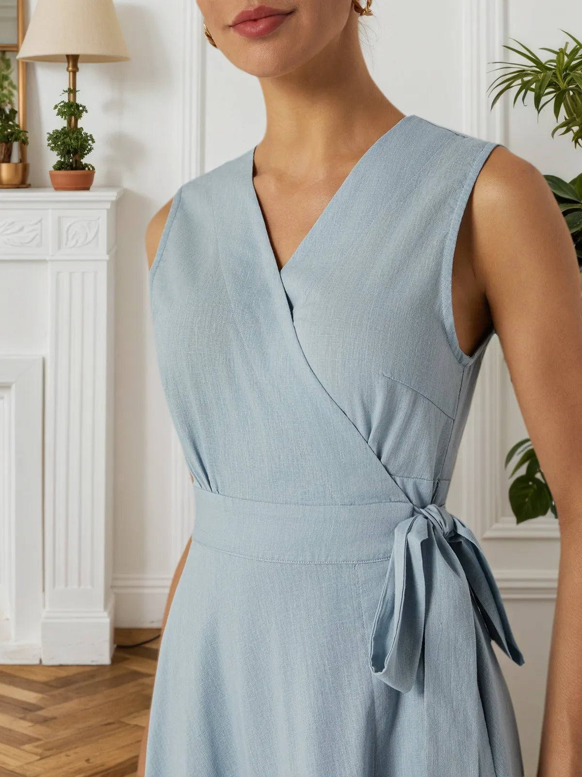 Light Blue Bow Lyocell Linen Wrap V Neck Sleeveless A-Line Maxi Dress