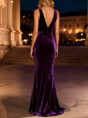 Sparkly Purple Long Mermaid Velvet Holiday Party Dress with Beading
