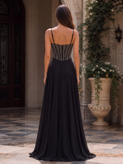 Black Rhinestone Embellished Corset Sweetheart Floor-Length Gown Dress