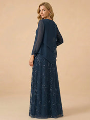 A-Line Sequin Embroidered V-Neck Mother of the Bride Gown with Matching Jacket