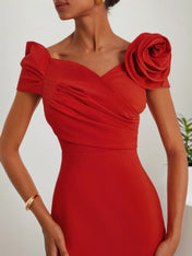 Red 3D Floral Off The Shoulder Mermaid Midi Dress