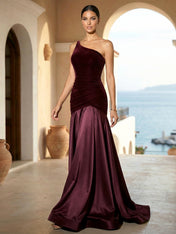One Shoulder Mermaid Velvet Pleat Evening Dresses for Women