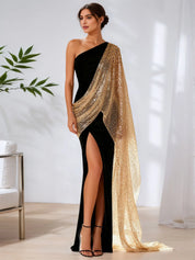 One-Shoulder Velvet & Gold Sequin Cape Maxi Gown with High Slit Formal Evening Dress