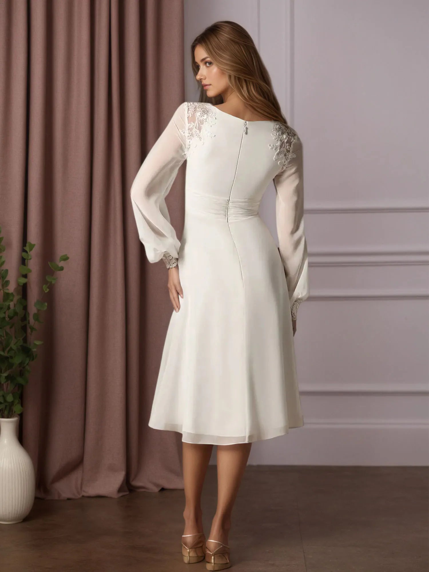 White A-Line V-Neck Lace Chiffon Pleated Wedding Dress