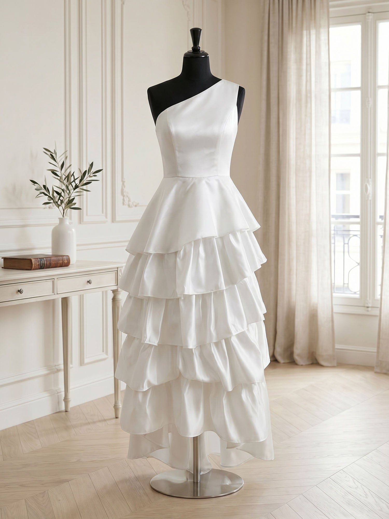 One Shoulder Tiered Ruffle Satin Mermaid Evening Gown with Sculptural Layers
