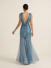 Sequin Column Boat-Neck Floor-Length Evening Dresses with Cowl Back