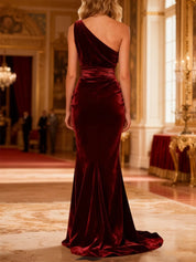 Burgundy Ruched Velvet Long Mermaid Holiday Party Dress