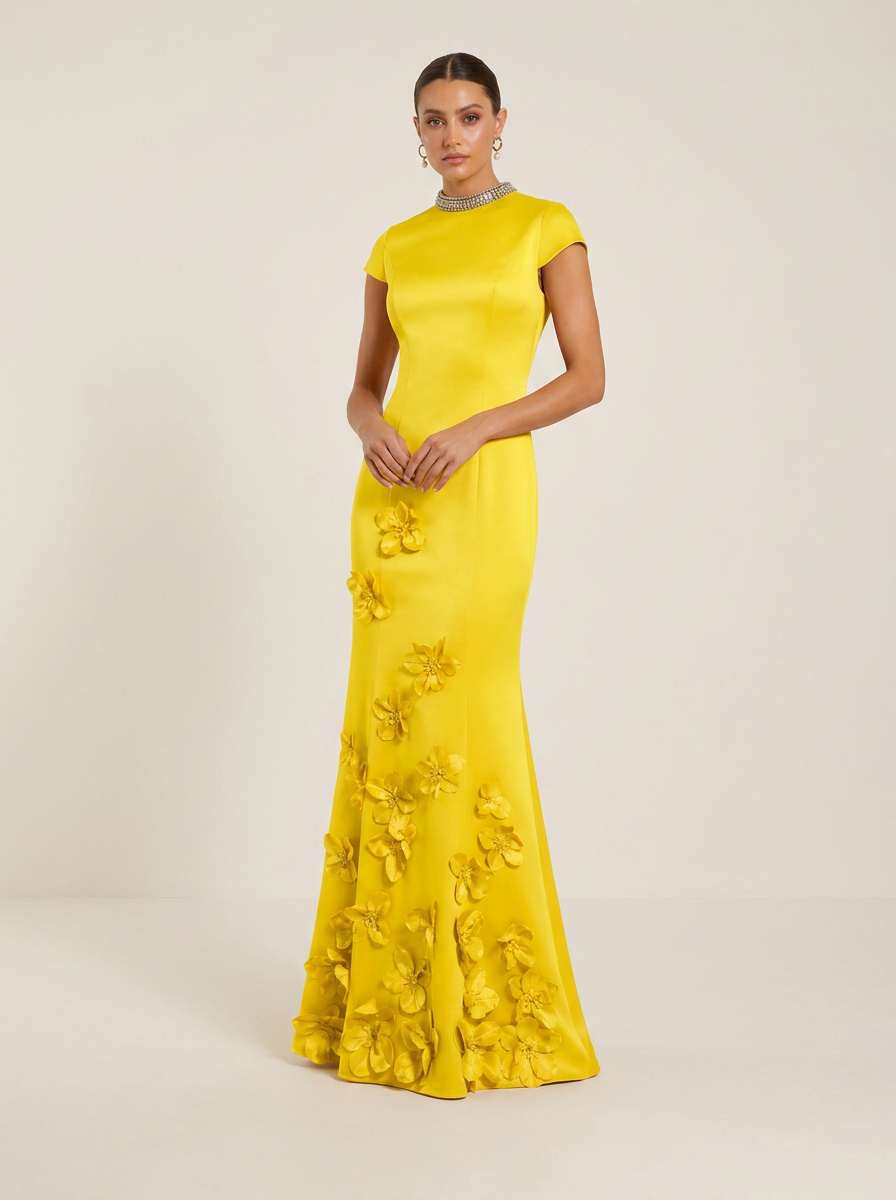 Pearl Beaded High-Neck Satin Floor-Length Evening Dresses with Cap Sleeves and 3D Flowers