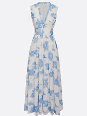 Light Blue Chiffon Floral V Neck Sleeveless A-Line Maxi Dress